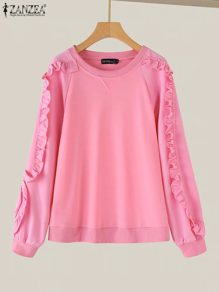 

ZANZEA Plus Size Women Solid Sweatshirts Autumn Ruffles Stitching Tops Vintage O-Neck Casual Fashion Long Puff Sleeve Pullover