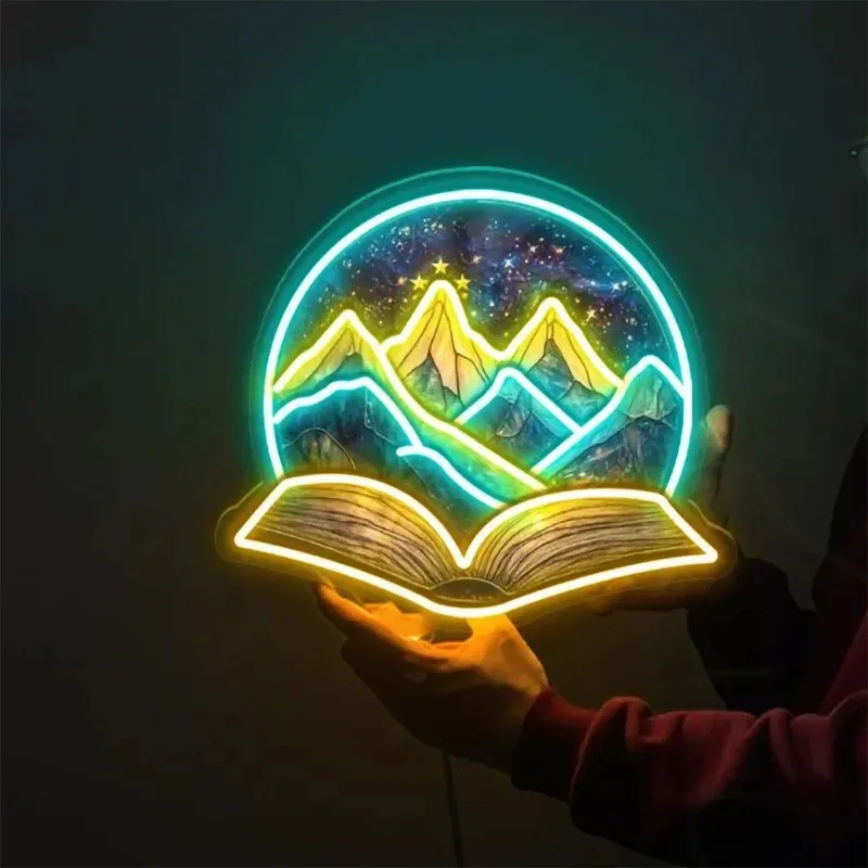 Mountain Star LED Neon Sign, UV Printed Acrylic Wall Light Decor for Bedroom Study Home Office, Aesthetic Room Art Gift