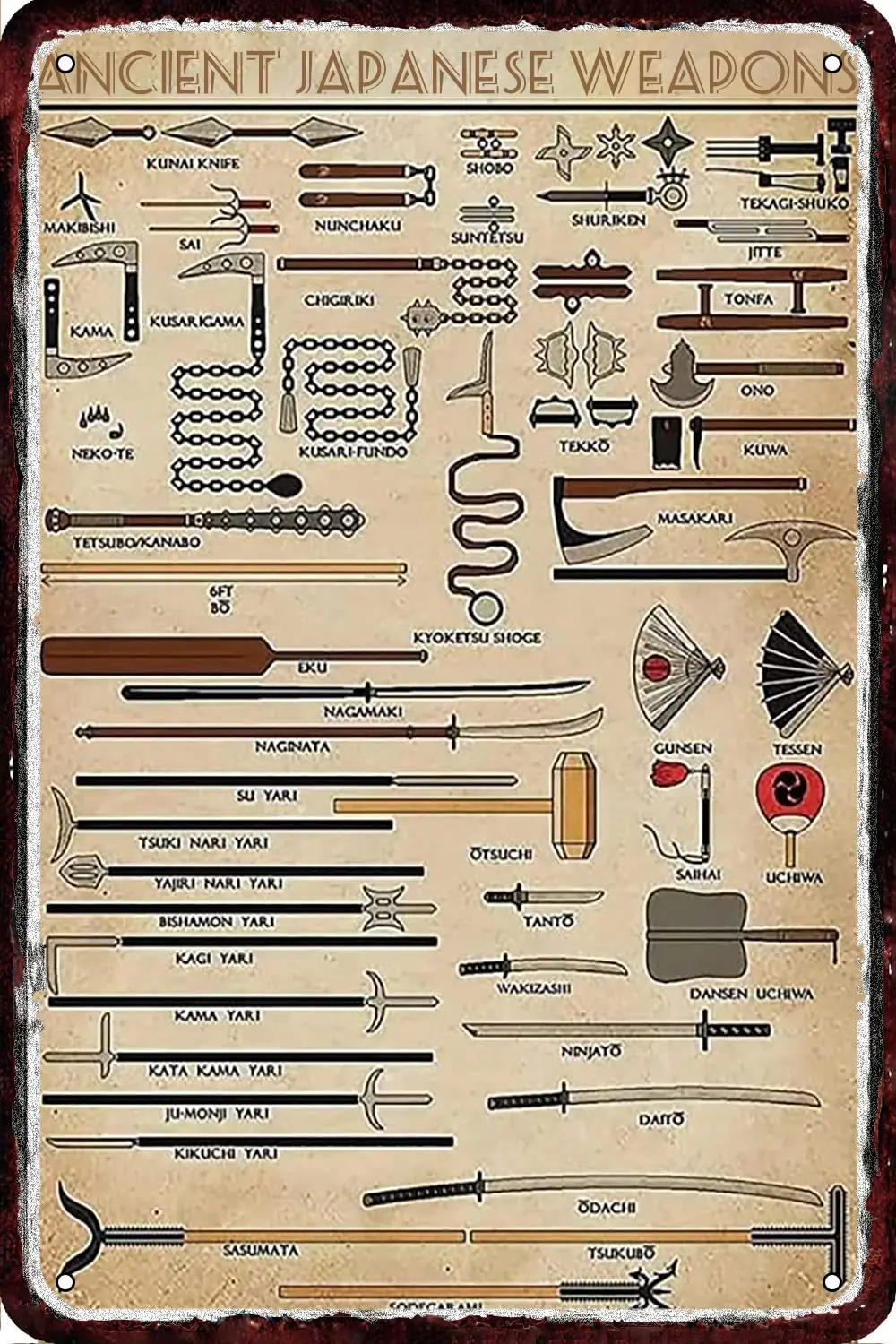 

Старинное японское оружие винтажный металлический жестяной знак Настенный декор ретро искусство Смешные украшения для дома мужская пещера спальня 8x12 дюймов
