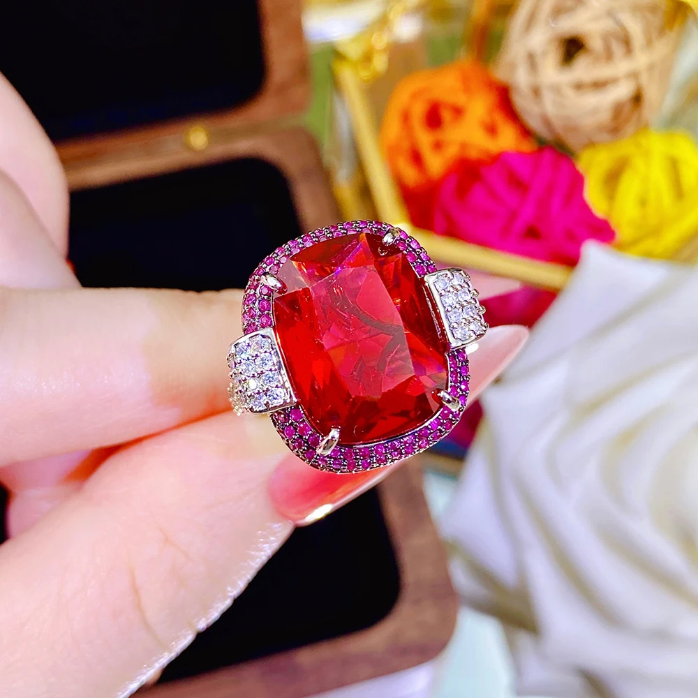 Vintage Silver Color 12*16MM Ruby Emerald Rings for Women Wedding Bands Gemstone Cocktail Party Jewelry Female Anniversary Gifts