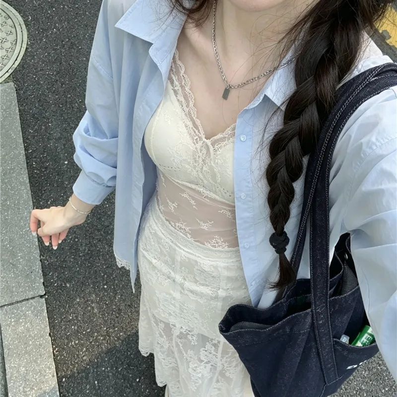 

Summer 2026 Women's Loose Lace Long Sleeve Shirt Strap Vest Long Half Skirt Three-piece Set Fashionable Casual Wear Polyester...