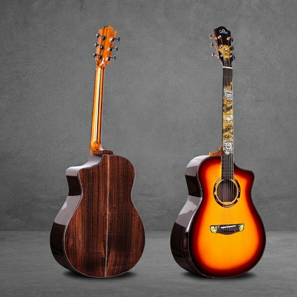 All-Solid GA Cutaway Guitar, 20 Frets, Exquisite Inlay, Gloss Finish, Chrome Tuners, 6 Strings for Professional Performan
