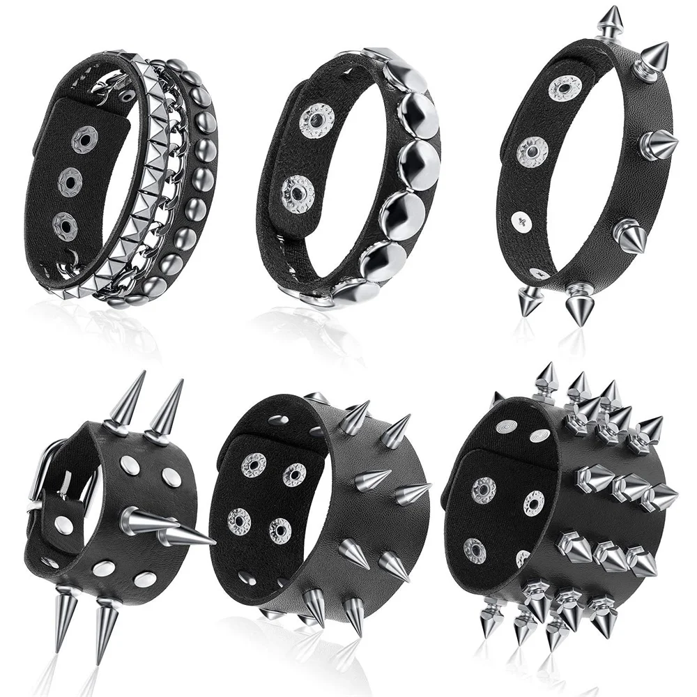 80s Black Round Square Gothic Spike Bracelet Punk Rock Bracelet Studded Faux Leather Bracelet for Men Women