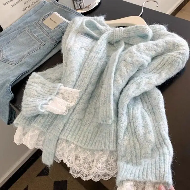 Suéter con lazo y costuras de encaje para Mujer, suéteres tejidos para Otoño e Invierno, Top de moda coreana, suéter dulce para Mujer