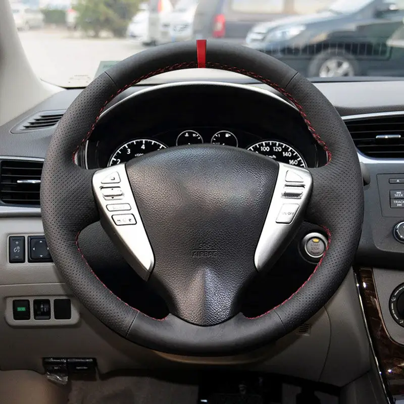Funda de cuero para volante de coche, para Nissan Versa Note Livina 2013-2015 Tiida Sylphy 2011-2015 Sunny Sentra 2014 2015, tira roja