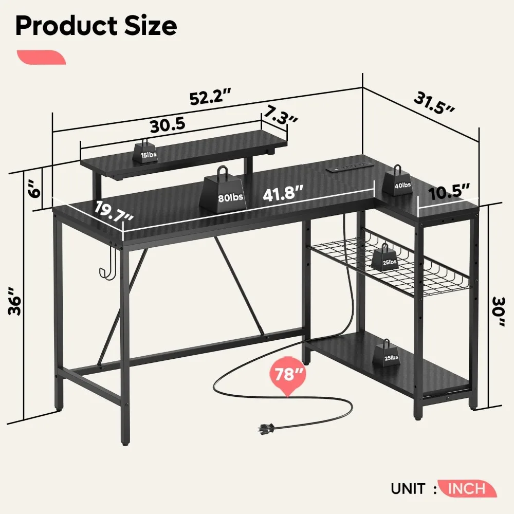 Bestier 52 Gaming Desk with Power Outlet & USB Ports,Reversible Small L Shaped Computer Desk with LED Strip & Headset Hooks