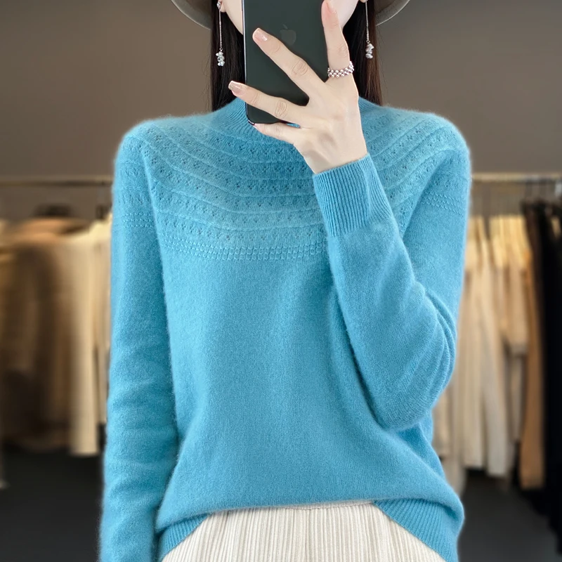 Autumn And Winter New 100% Wool Lined Readymade Garment Hollow Out Women's Half Height Pullover Cashmere Sweater Knitted Sweater