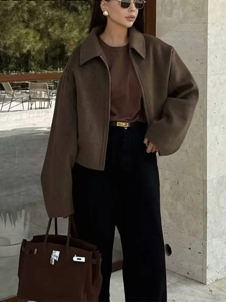 

HH Casual Women's Versatile Long Sleeve Wide Zipper Woolen Coat 2025 urn Down Collar Chic Ladies Jackets Streetwear