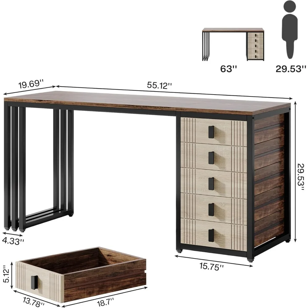 Computer Desk with 5 Drawers, 55-Inch Home Office Desk with Reversible File Drawer Cabinet, Modern Wooden Work Writin