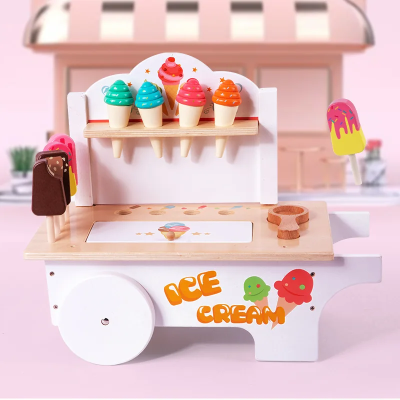 Educational Toddler Wood Toy Set Ice Cream Cart Magnet Color Shopping Pretend Kitchen Play Sort Stacking Trolley Game Gift Kid