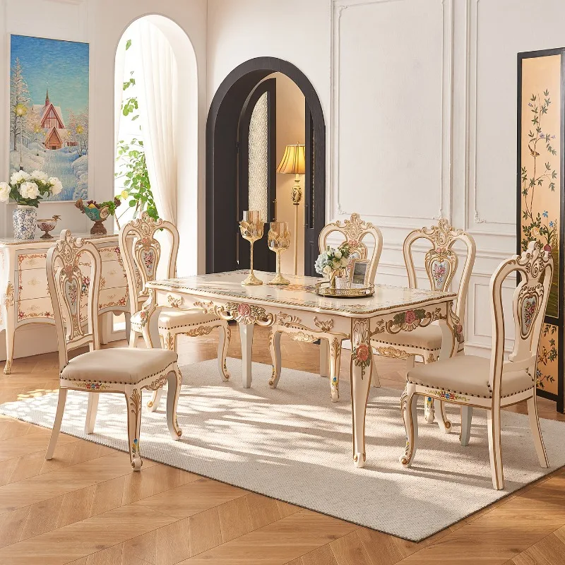 French Court Dining Room 1.6M All Solid Wood Carved Hand-Painted Flowers Off-White European Villa Long Dining Table and Chair Co