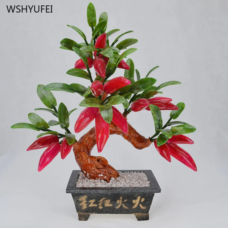 

Jade potted chili tree Marble base Craft ornaments living room balcony home decoration Courtyard decoration Housewarming gift