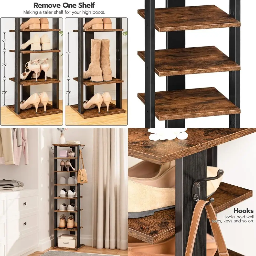 

8-Tier Wooden Shoe Rack with Hooks, Compact Storage for 8 Pairs, Ideal for Entryway, Living Room, and Bedroom in Rustic Brown