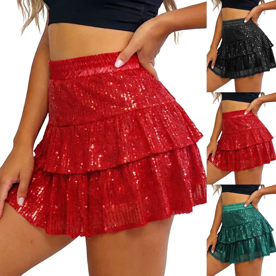 Womens Sexy Women Pleated Skirts Carnival Party Sequin Tiered Ruffle Layer Skirts Female Lining High Waist Mini Skirts