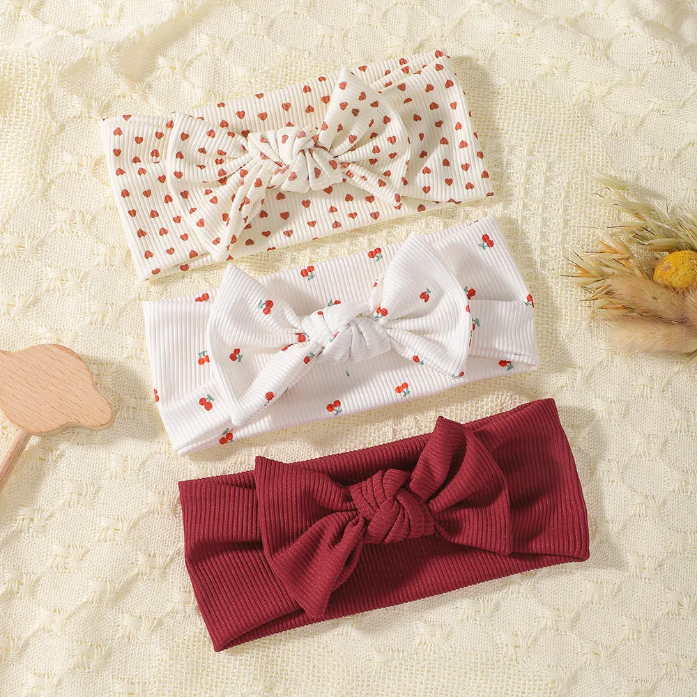 3-teiliges Baby-Stirnband-Set mit geknoteter Schleife, Turban, gerippte Haarbänder für Neugeborene, Kirschherz-Druck, Haarschmuck für Kleinkinder, Kopfwickel für Kleinkinder – Detail 12