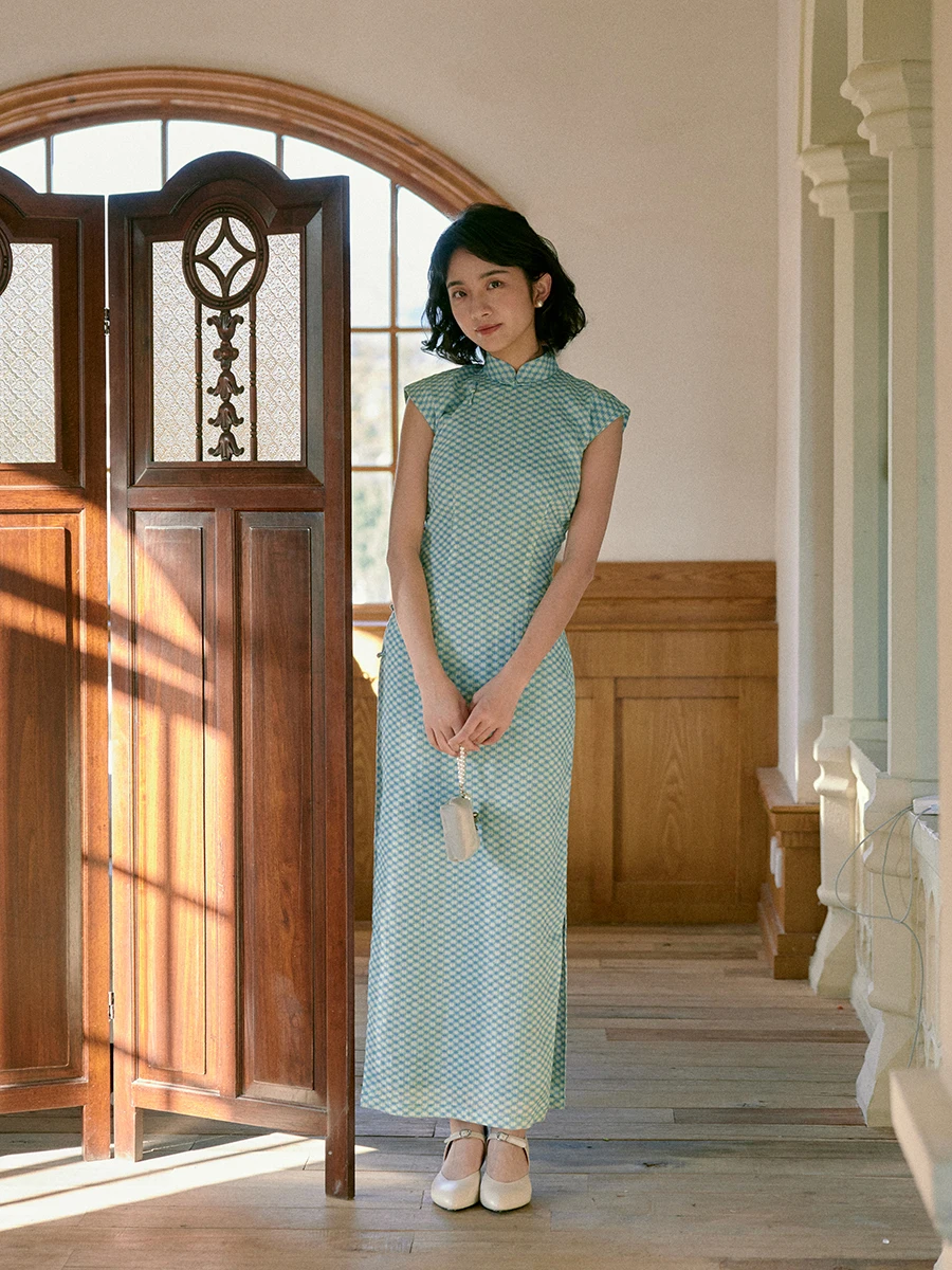 

M Artistic Semi-Unbuttoned Long Sve Low Slit Daily Wear Flax Vintage Sle Midi Length Gingham Pattern