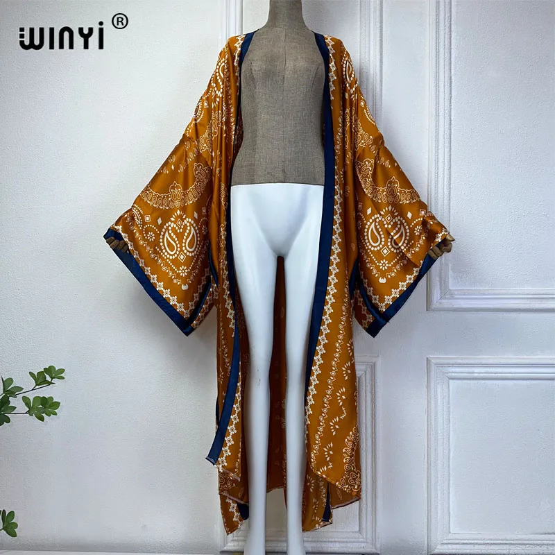 WINYI wysokiej jakości kimono afrykański nadruk sukienka plażowa elegancki kardigan seksowna wakacyjna stroje plażowe dla kobiet veidos stroje