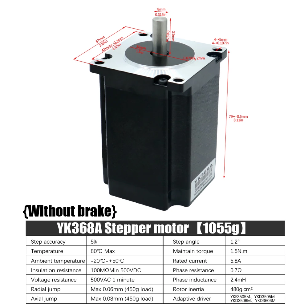 

1.2 ° 3-фазный электродвигатель 5.8A YK368A Шаговый двигатель Nema 23