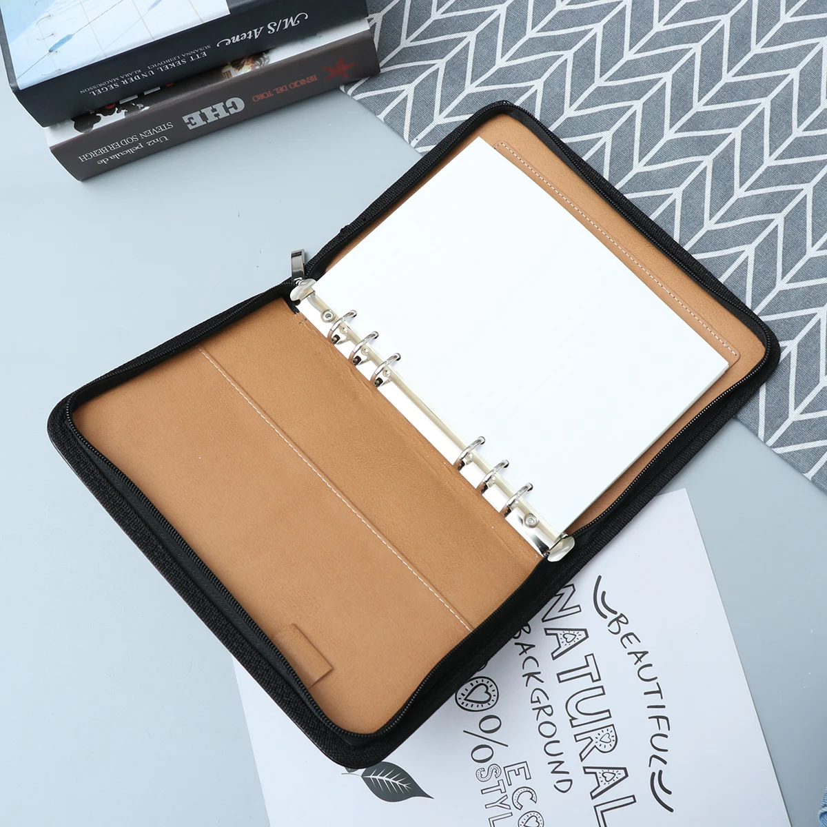 

Deluxe 6-Ring Pu Zipper Notebook A6 Business Organizer Calculator File Pocket Pen Loop Travel Agenda Manager Office