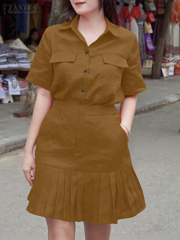 Sukienka damska ZANZEA na co dzień z krótkim rękawem, plisowana sukienka letnia z kołnierzykiem, jednolita kolorystycznie, krótka sukienka na imprezę, Vestidos Femme Robe, 2025