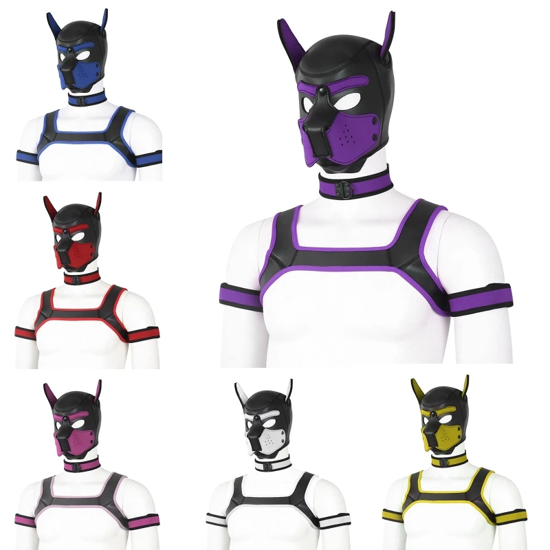 

Removable Puppy Hood Full Face Mask with Collar Chest Harness Belt Sexy Fetish Gay Body Dog Cosplay Costume for Party