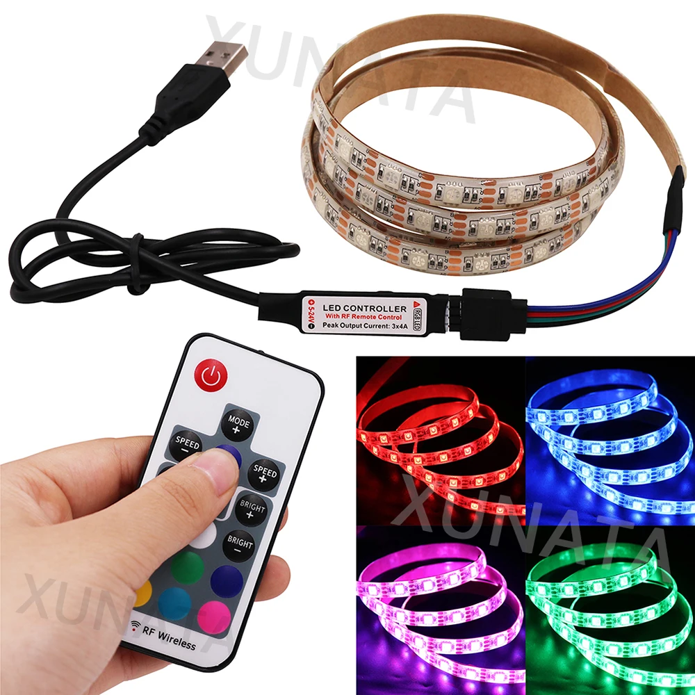 DC 5V USB RGB LED Strip 5050 30LED/M 17Keys RF Remote Control Waterproof Flexible Ribbon Home TV Backlight Decoration 0.5M 1M 2M