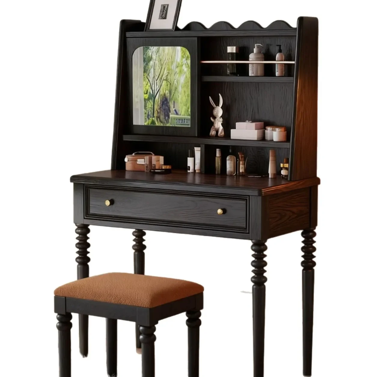 #French Style Vintage Dressing Table with Black Chest Drawers Extendable Design Adjustable Bedside Mid-Medieval Makeup Features