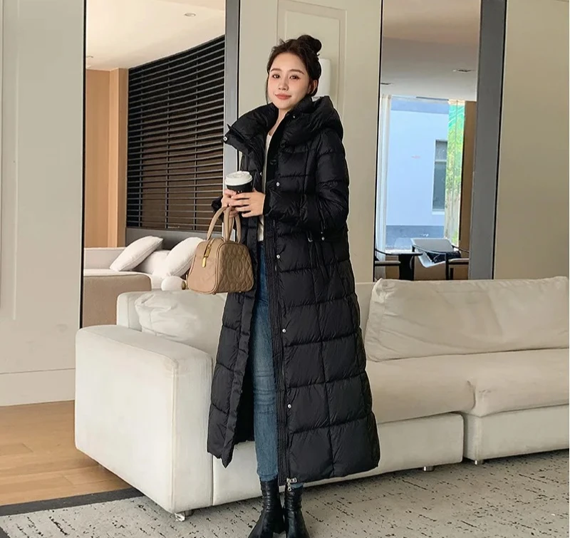冬のレディースロングパファーアウター厚手フード付きダウンコート女性用軽量薄手ホワイトダックジャケットパーカー