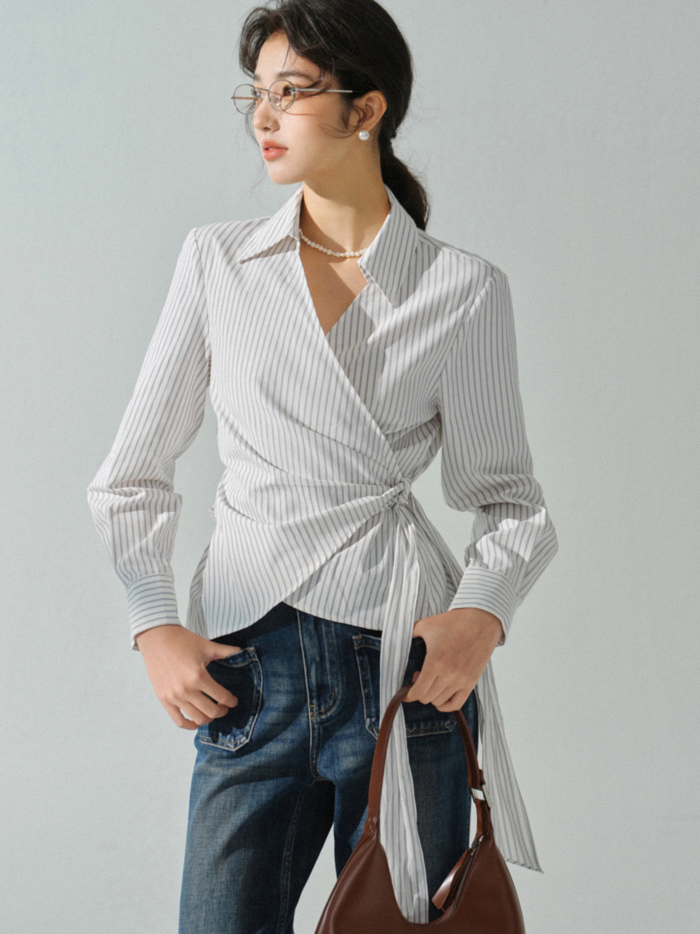 Striped Wrap Shirt Women Long Sleeve Button Down Blouse Slim Fit Waist Tie Top Autumn Office Wear Elegant Lapel Collared Outfit