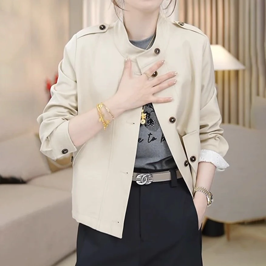 Autumn Stand Collar Trench Coat Jacket Women Epaulet Decor Single‑Breasted Button Loose Short  Coat Casual Commuter Outerwear