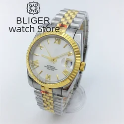 BLIGER 36mm 39mm NH35 Mechanical Watch For Men Fluted Curved Cyclop Date Sapphier Glass white dial Stainlesssteel Bracelet Glide