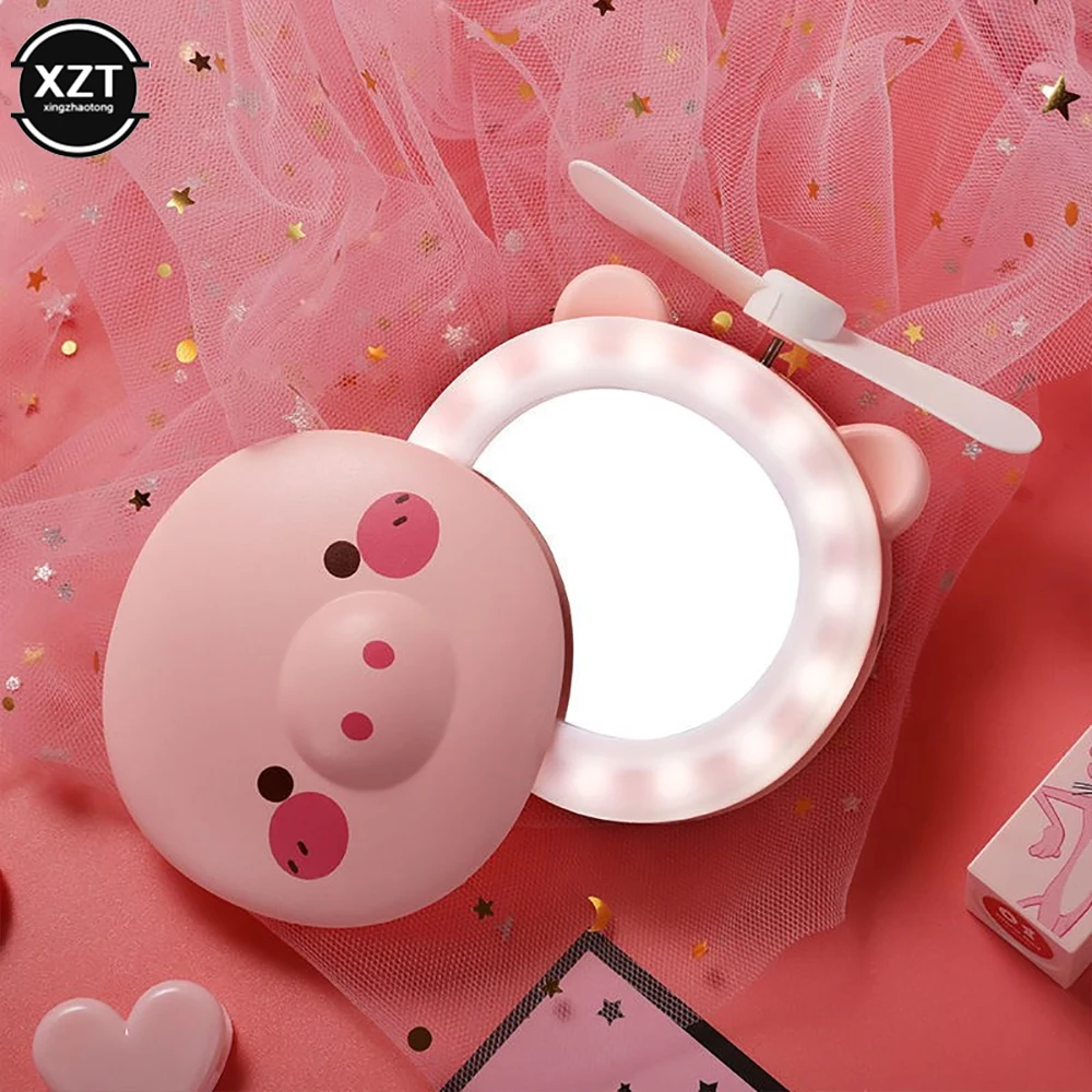 Handheld Portable USB Charging Illuminated Vanity Mirror With Fan Creative Piggy Beauty Makeup Mirror