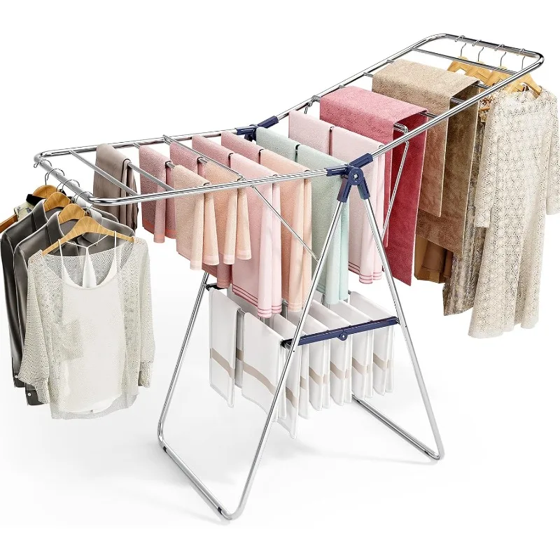 Clothes Drying Rack, Drying Rack Clothing with Height-Adjustable, Foldable Gullwings Laundry Drying Rack, Indoor Outdoor Use