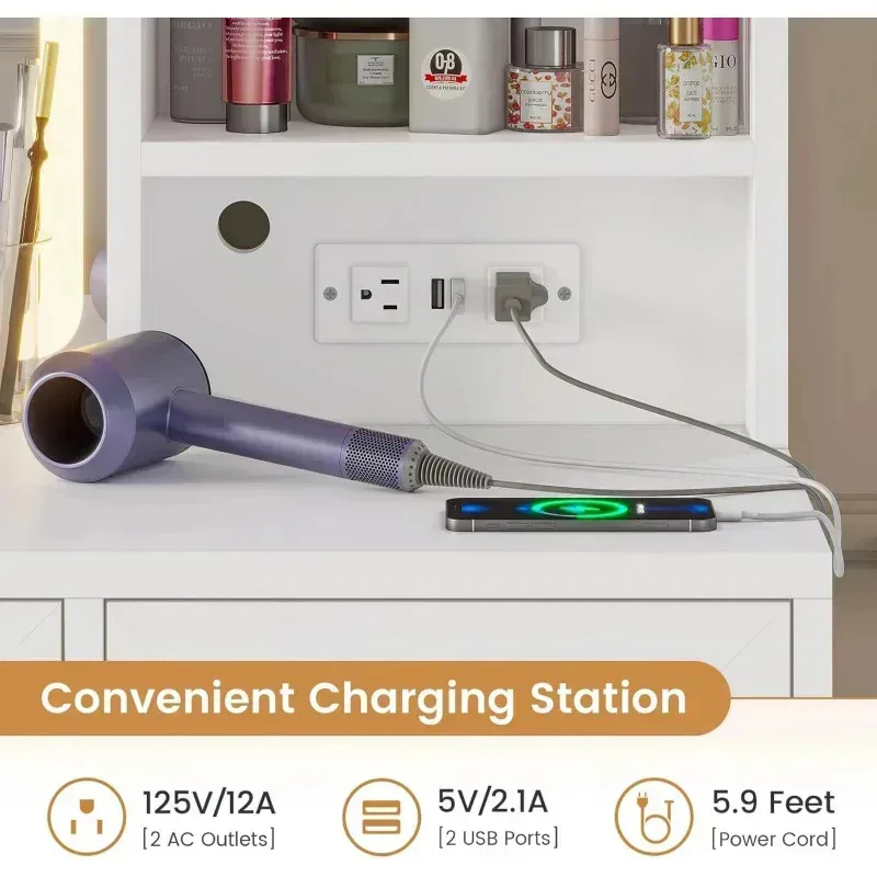 QAZ8-White Desk Touch Screen Mirror and Lights.Large Makeup Vanity with RGB Light Cabinets &Charging Station.6 Drawers.5