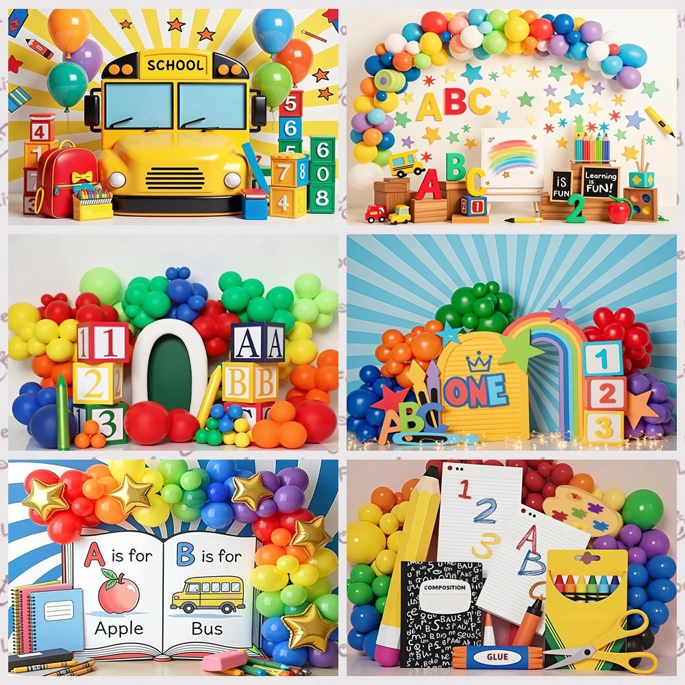Back To School Photography Background Rainbow Balloons Arch School Bus Books Drawing Pens Students Portrait Decor Photo Backdrop