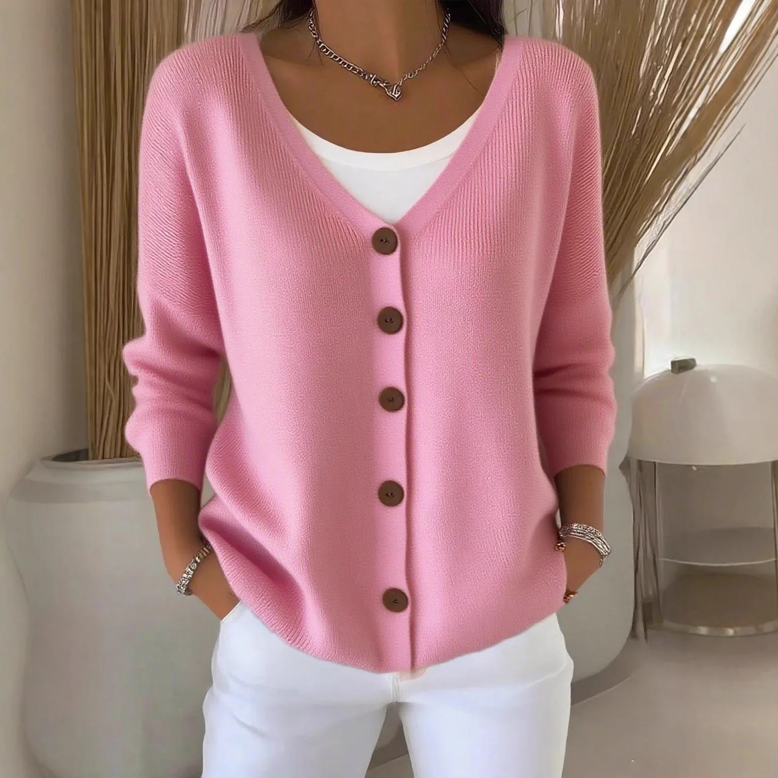 

Fashion Button Up Shirt Women Solid Color Spring Casual Loose V-neck Long Sleeved Top For Women 2025