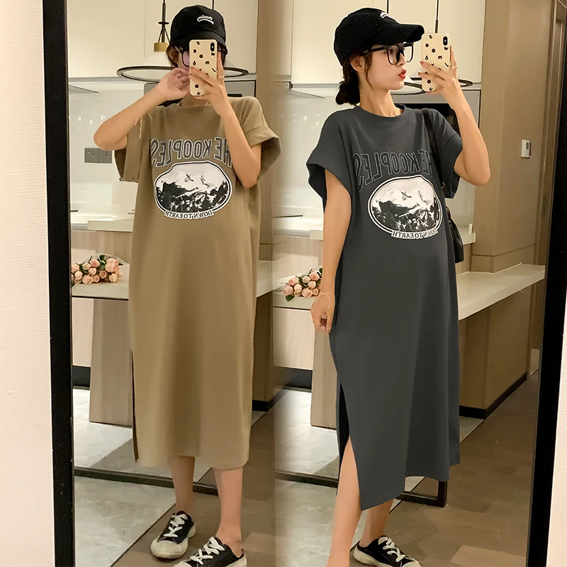 

2024 Summer Casual Printed Cotton Maternity Long Tees Side Splits Loose Straight Dress Clothes for Pregnant Women 3XL Pregnancy