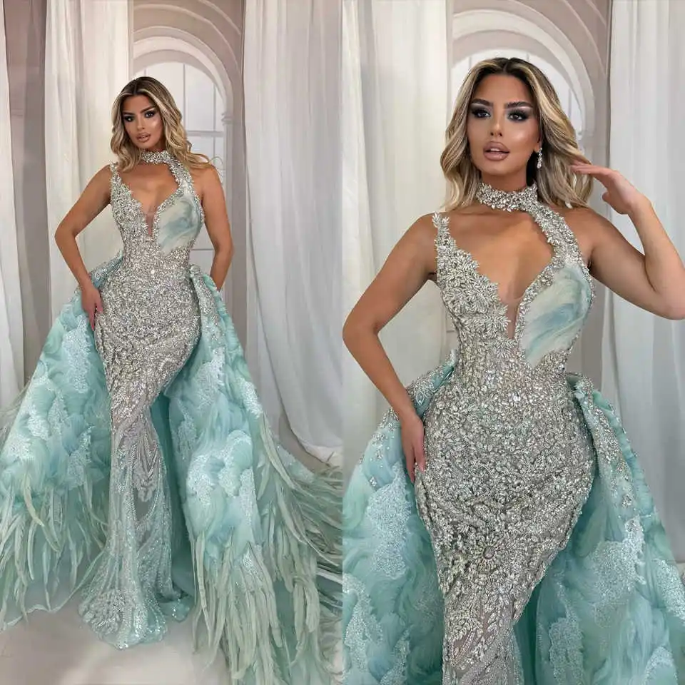 

Luxurious Customized Crystal Evening Dresses Elegant Feather Beading Prom Dress High Neck Party Gown with Detachable Train