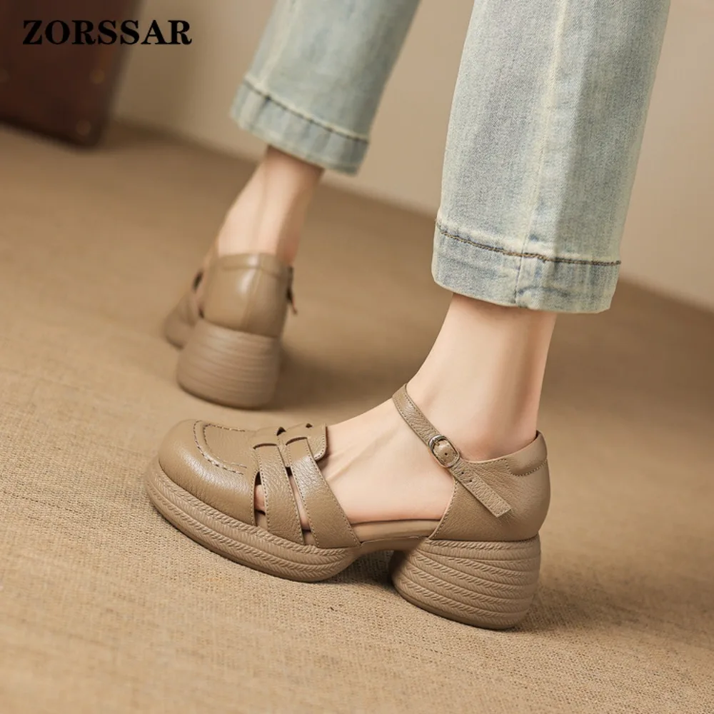 2026 New Summer Women Platform Roman Sandals Woven Closed Toe Ankle Strap Chunky Heel Breathable Hollow Out Leather Shoes