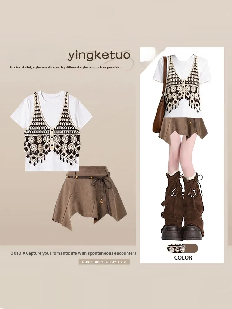 

Retro Knitted Layered Vest Shirt Asymmetric Skirt Three-Piece Set Women Summer Fashion Lazy Style Ensemble High Waist ...