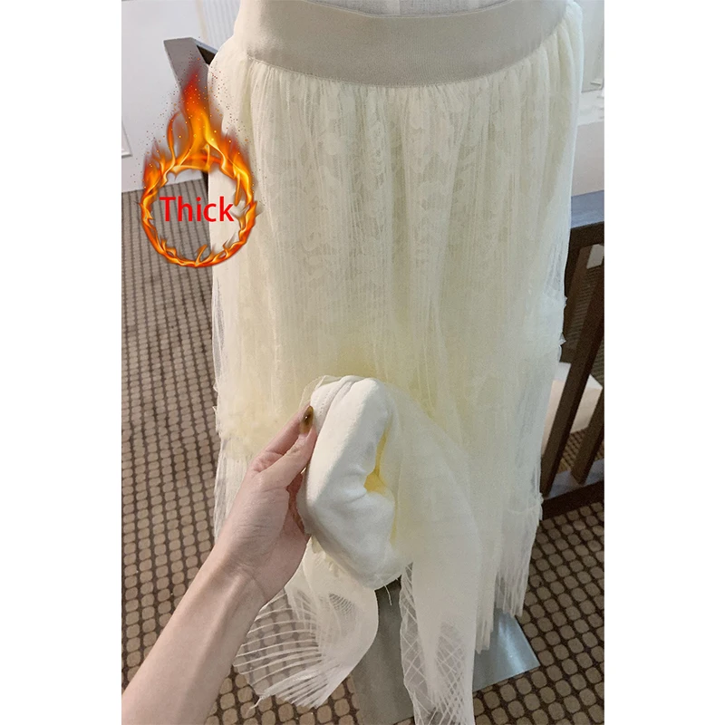 

MEXZT Fleece Mesh Midi Skirt Women Fashion Ruffles Patchwork Pleated Skirts Winter Streetwear Korean High Waist A Line Faldas