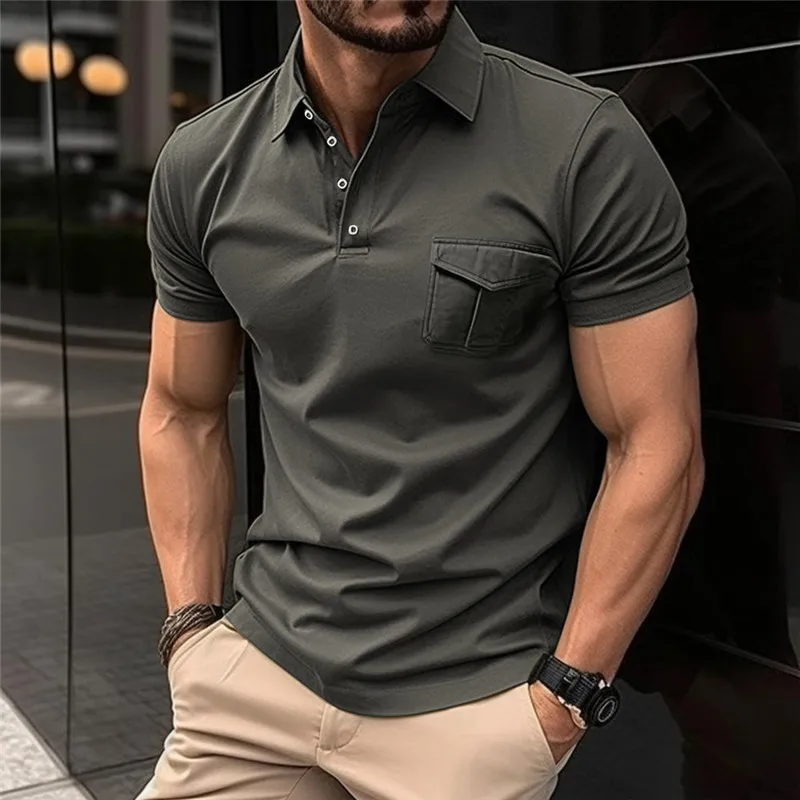 Summer New Knitted Sweater Slim Shirt Collar Pocket Short Sleeve Sweater Sports Muscle Men's Clothing