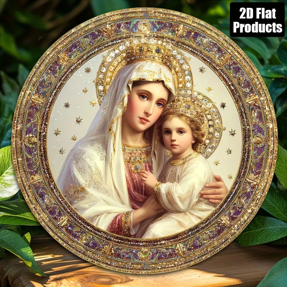 Virgin Mary Round Aluminum Metal Wall Art, Religious Home Decor Gift for Bar Cafe Office, 8x8 Inch