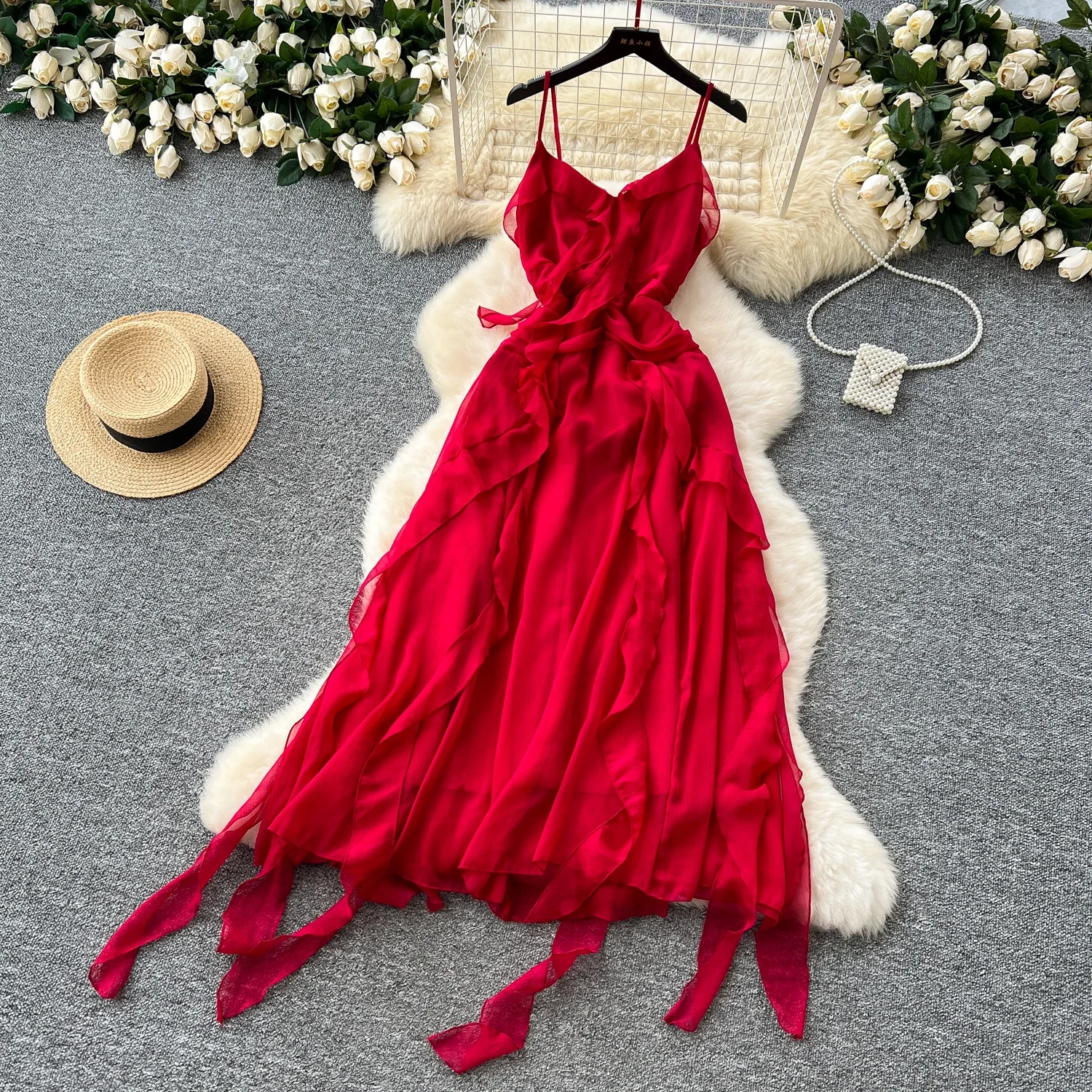 Elegant Sleeveless Sexy Straps Chic Ruffle Spliced Slim Asymmetrical Fairycore Long Dresses French Vacation High Street Clothing