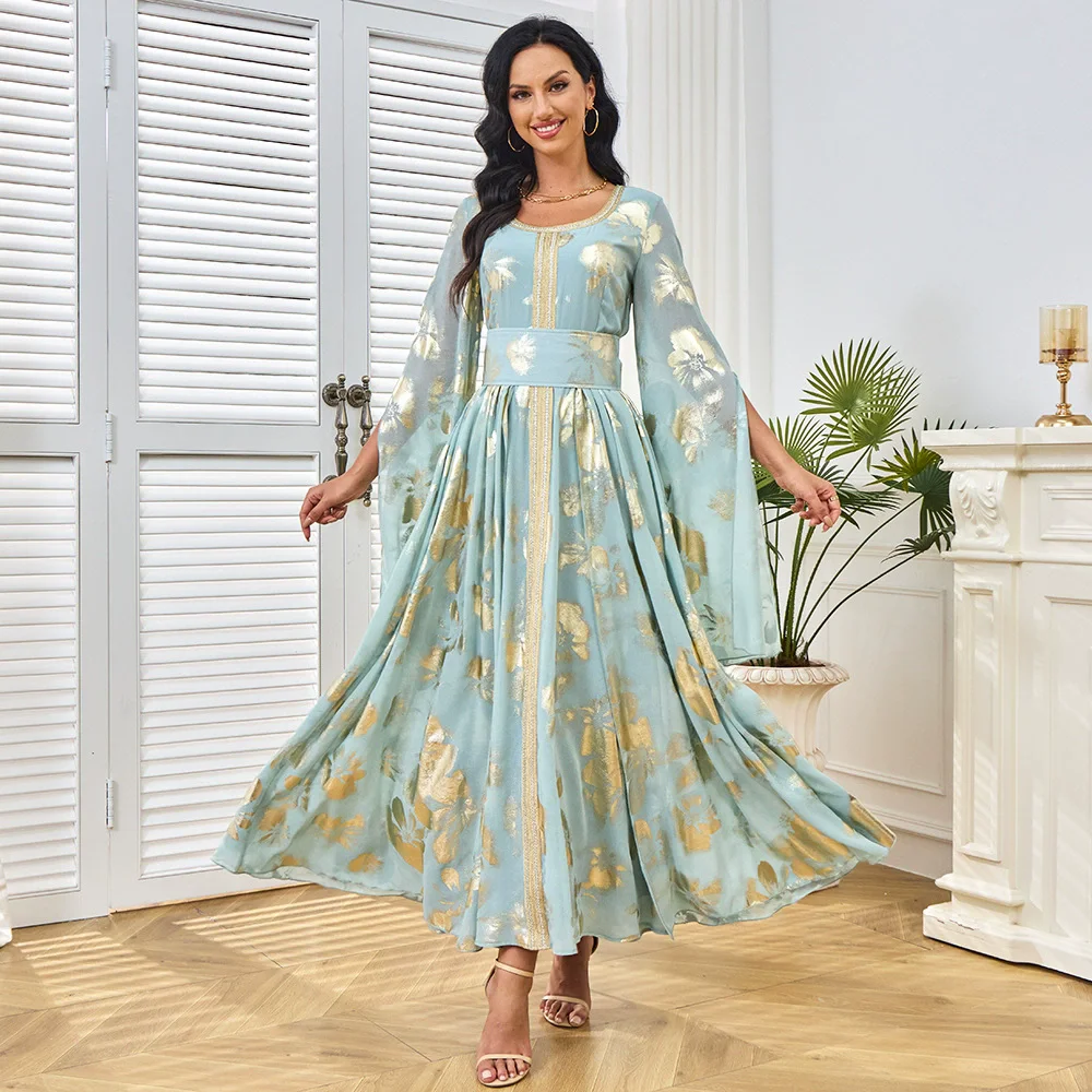 فستان عباية عصرية بأكمام مقسمة وختم ساخن في الشرق الأوسط إسلامي فاخر على الموضة رداء طويل تنورة نسائية طويلة