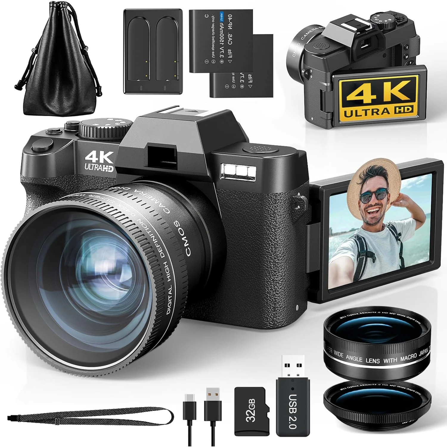 NBD Makroobjektiv 4K Digitalkamera Flip Screen Selfie Camcorder 48MP Youtube Vlog WIFI Webcam Videorecorder 16X Digitalzoom