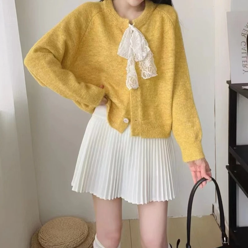 

Gentle Wind Lace Lace-up Knitted Cardigan for Women 2025 Autumn and Winter Women's Sweet Solid Color Soft Glutinous Sweater Coat