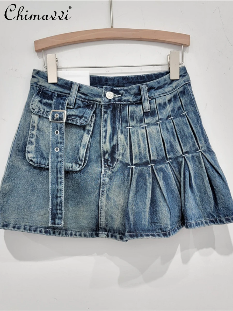 

Irregular Large Pocket Pleated Denim Skirt Women Spring Summer New Fashion High Waist Slim Tooling A- Line Hip-Wrapped Skirts