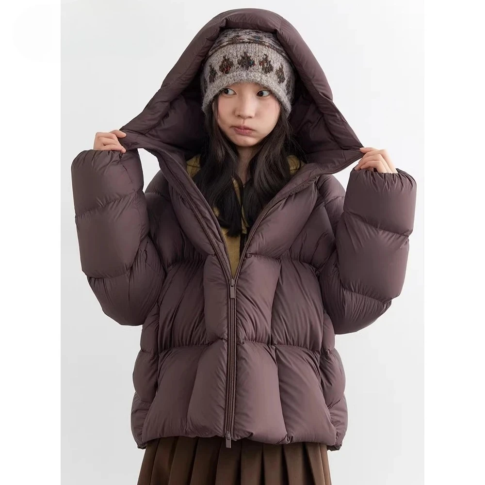 Chique ven mulheres jaquetas moda casual com capuz sólido macio pato branco para baixo casacos senhora solto curto casaco quente outono inverno 2025