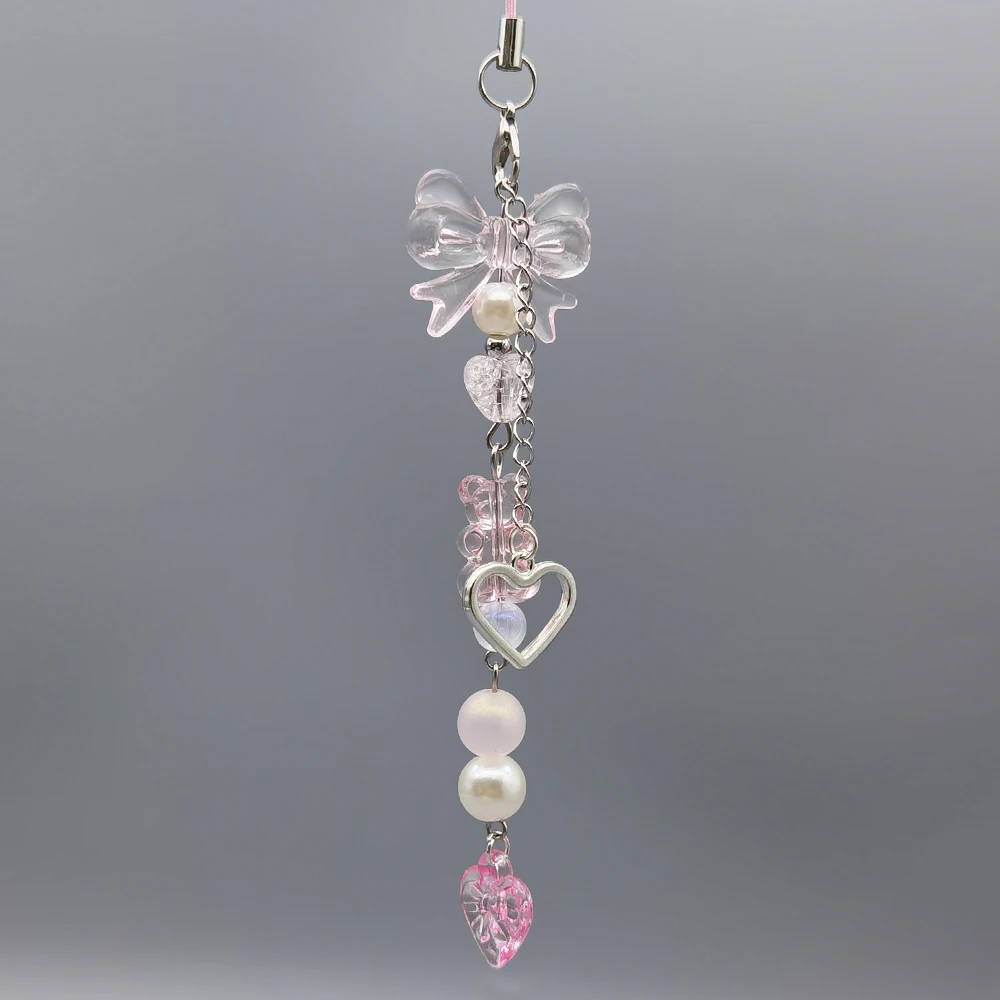 Y2K الوردي اللؤلؤ القلب الخرز الهاتف سحر حزام المفاتيح الحبل مكافحة فقدان جراب هاتف قلادة فتاة امرأة Keycord